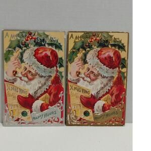 Antique Christmas Postcard Santa Claus Holding a Newspaper Posted Lot of 2